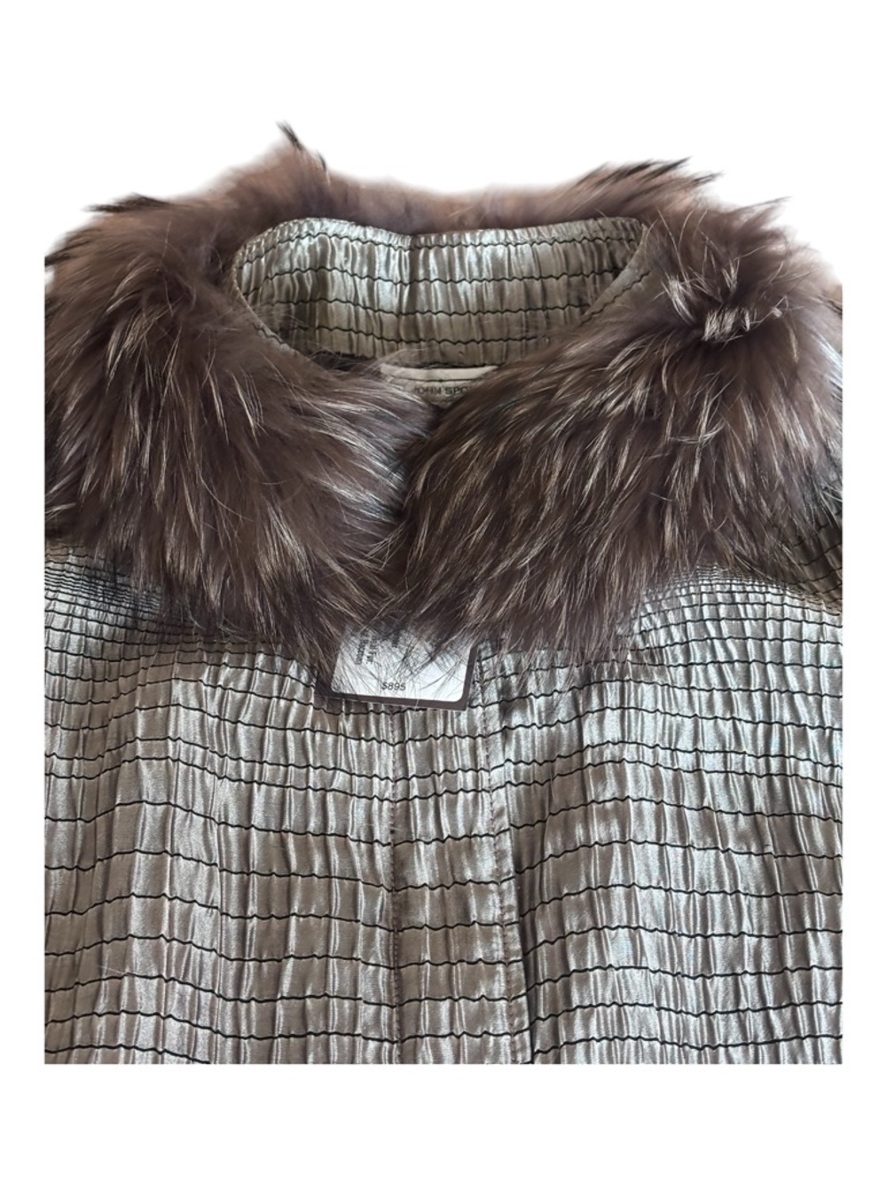 NWT St John Sport Sheen Taupe Textured Spring Coat w Raccoon Fur Collar XL (L) - Picture 2 of 12